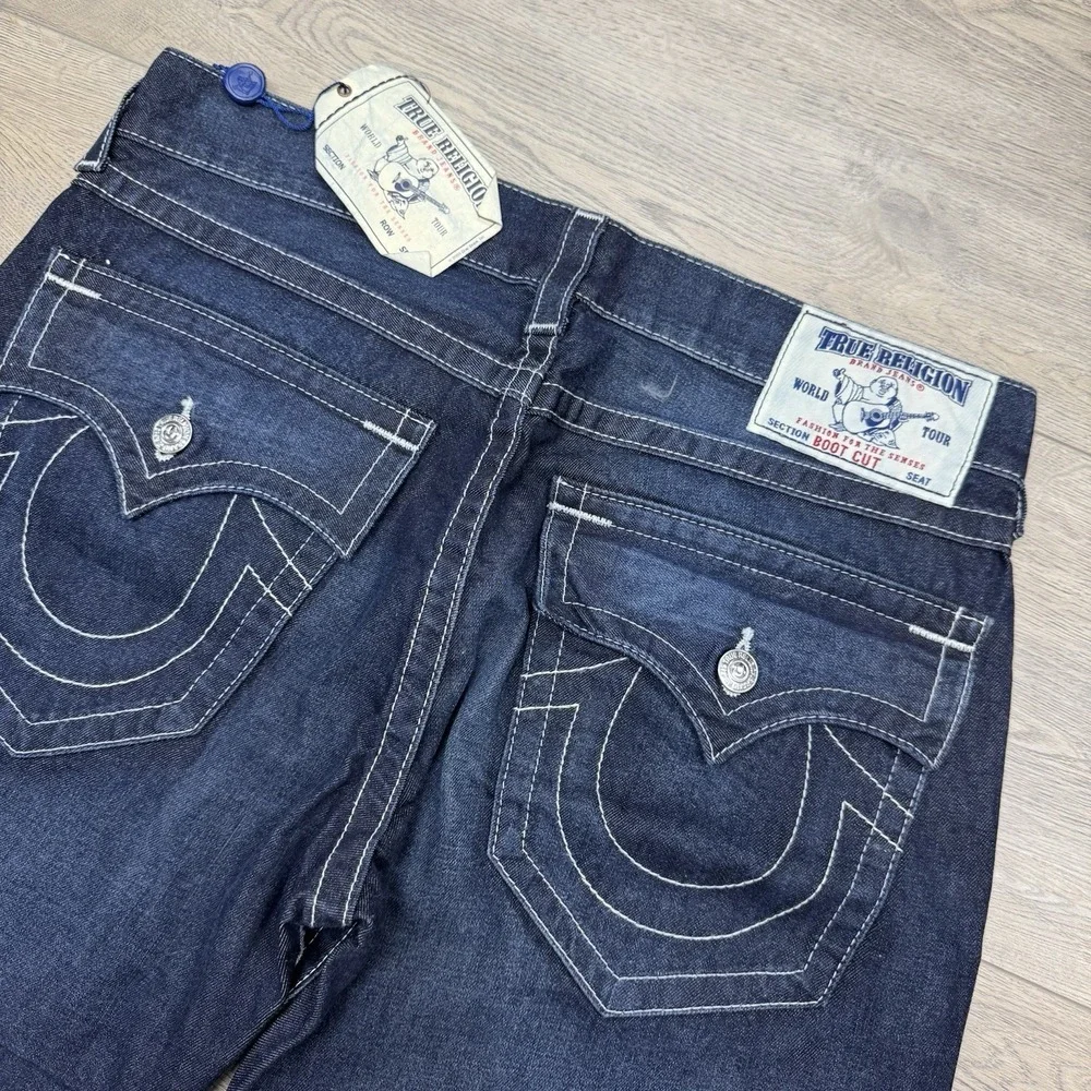 NWT True Religion Dark Wash Bootcut Jeans Men Sz 36 Flap Pocket Thick Stitch Y2K